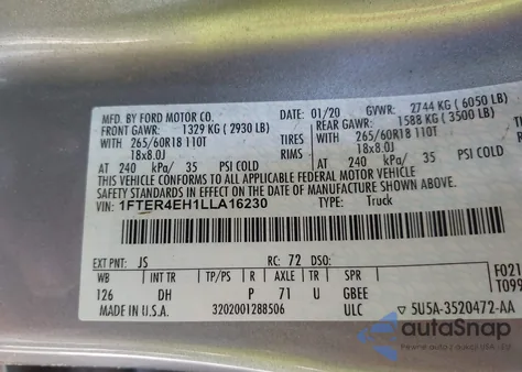 2020 Ford Ranger Lariat из США, поврежденный, VIN 1FTER4EH1LLA16230